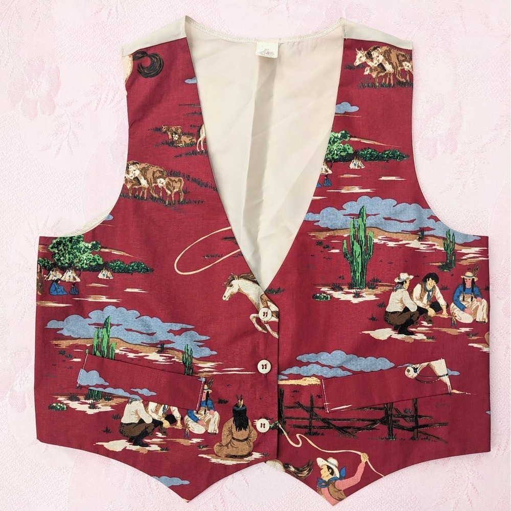 Vintage 90s Western Horse Cowboy Print Vest M/L Red Cotton Rodeo Heritage Retro